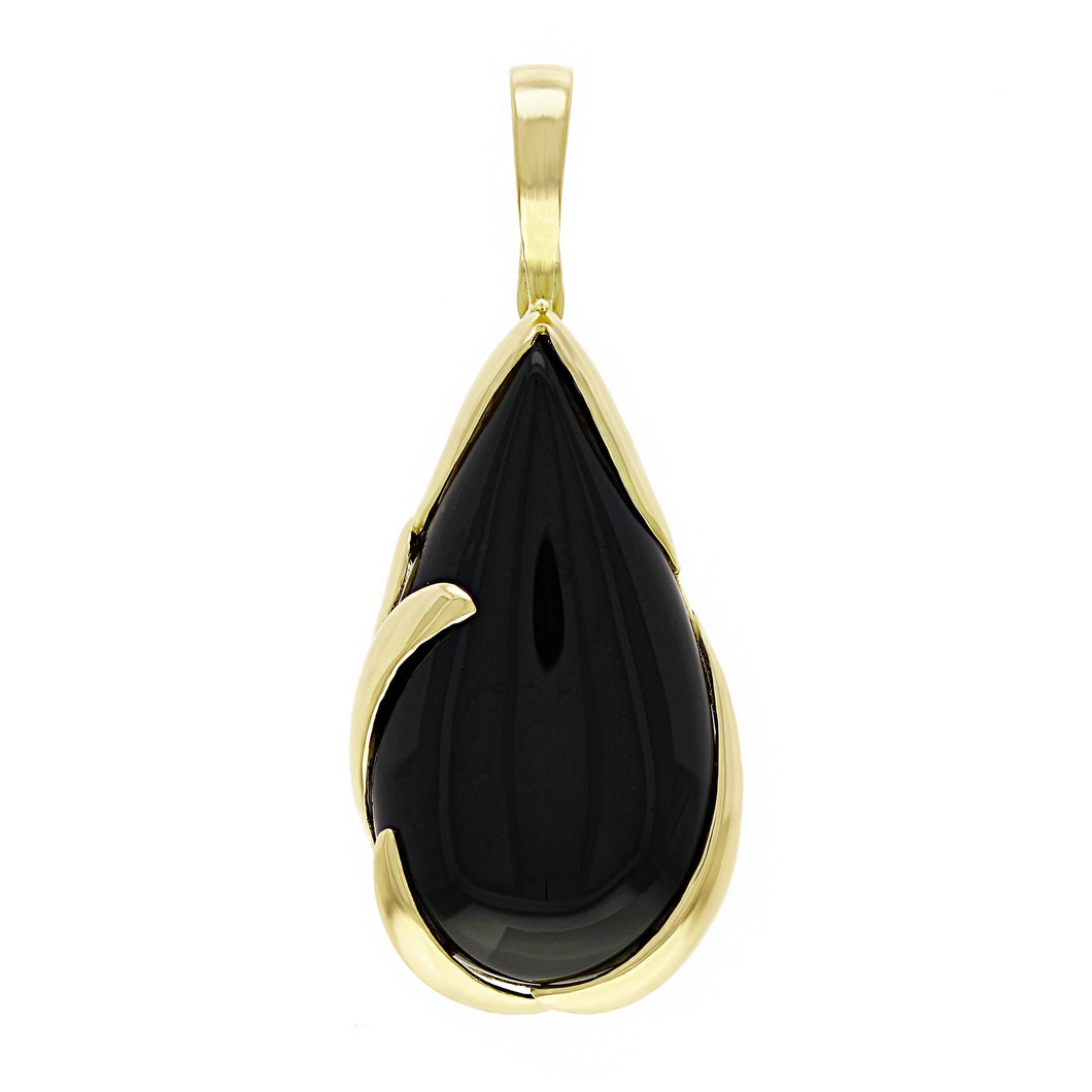 14k Yellow Gold Pear Cabochon Black Onyx Drop Pendant w/ Hinged Bail