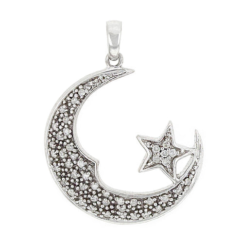 10k White Gold 0.40ctw Diamond Pave Crescent Moon & Star Pendant