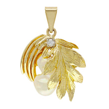 Load image into Gallery viewer, 10k Yellow Gold Free-Form Nacre Mother of Pearl &amp; Sparkling Accent Leaf Pendant
