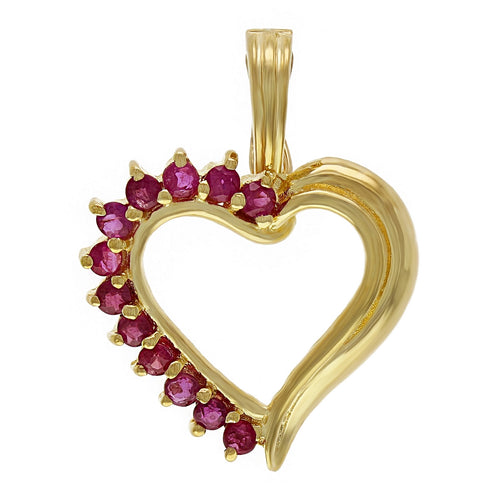 14k Yellow Gold 0.48ctw Round Ruby Scrolling Ribbon Heart Pendant