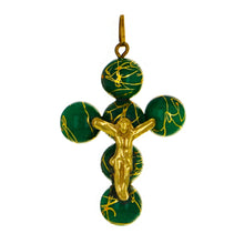 Load image into Gallery viewer, 14k Yellow Gold Artistic Crucifix Green Enameled Bead Pendant w/ Oblong Bail