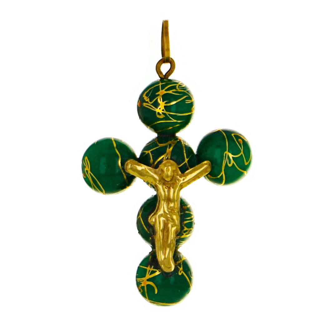 14k Yellow Gold Artistic Crucifix Green Enameled Bead Pendant w/ Oblong Bail