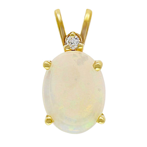 14k Yellow Gold White Opal and Diamond Oval Double Bail Pendant