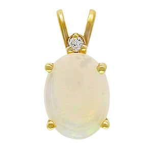 14k Yellow Gold White Opal and Diamond Oval Double Bail Pendant