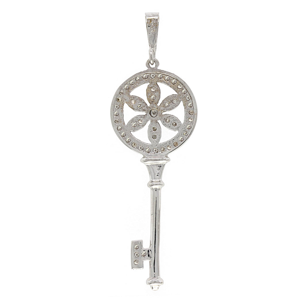 14k White Gold 0.65ctw Champagne Diamond Flower Skeleton Key Pendant