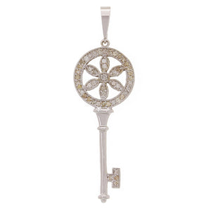 14k White Gold 0.65ctw Champagne Diamond Flower Skeleton Key Pendant