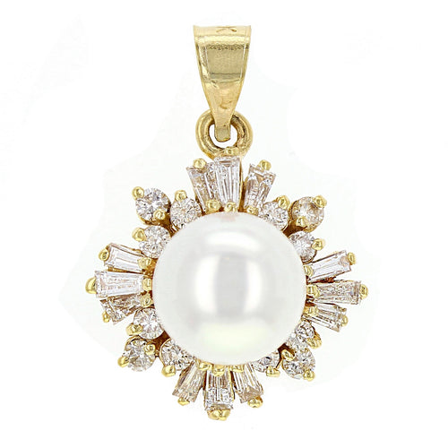 14k Yellow Gold 1.24ctw Diamond & 9.50mm White Cultured Pearl Pendant