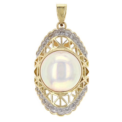 14k Yellow Gold 12.50mm Mabe Pearl & 1/4ctw Diamond Vintage Style Pendant