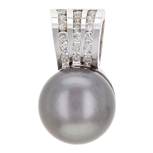 14k White Gold 11.50mm Black Cultured Tahitian Pearl & 0.40ctw Diamond Pendant