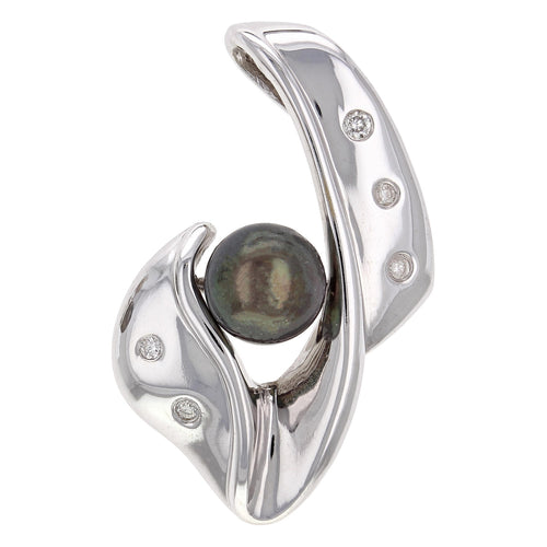14k White Gold 7.50mm Black Pearl & 0.13ctw Diamond Modern Pendant
