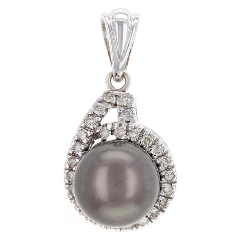 14k White Gold 12.50mm Tahitian Black Cultured Pearl & 0.62ctw Diamond Pendant