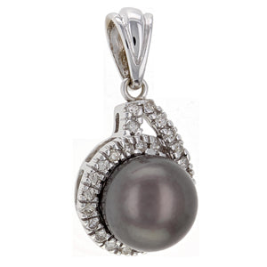 14k White Gold 12.50mm Tahitian Black Cultured Pearl & 0.62ctw Diamond Pendant