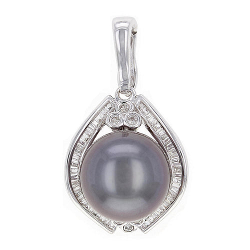 14k White Gold 0.30ctw Diamond & 11.60mm Black Cultured Tahitian Pearl Pendant