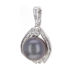 14k White Gold 0.30ctw Diamond & 11.60mm Black Cultured Tahitian Pearl Pendant
