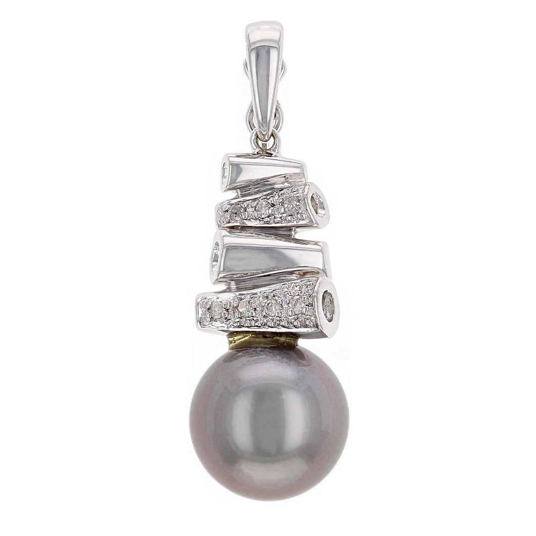 14k White Gold 9.50mm Black Cultured Tahitian Pearl & 0.10ctw Diamond Pendant