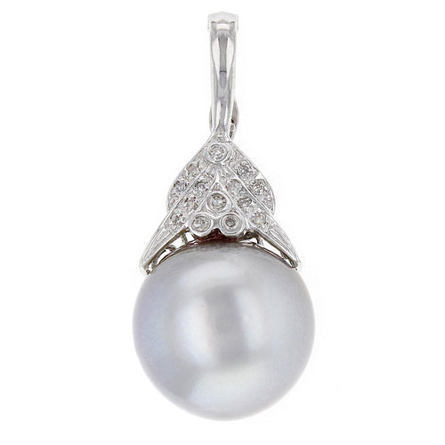 14k White Gold 0.20ctw Diamond & 14.50mm Black Cultured Tahitian Pearl Pendant