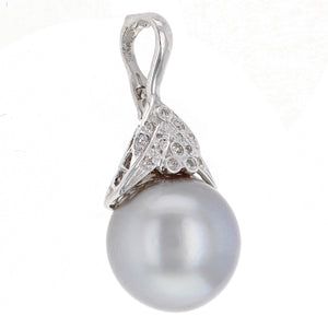 14k White Gold 0.20ctw Diamond & 14.50mm Black Cultured Tahitian Pearl Pendant