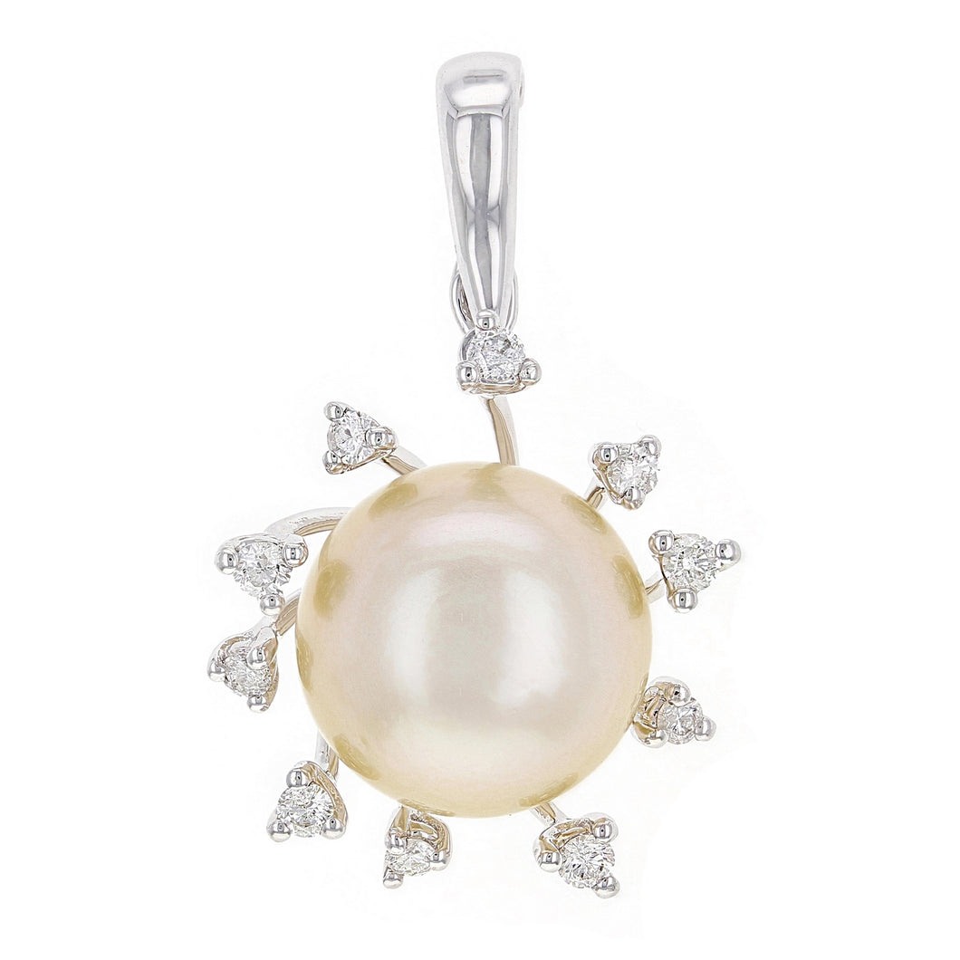 18k White Gold 12.50mm White Cultured Pearl & 0.30ctw Diamond Open Bail Pendant