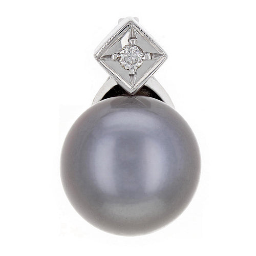 14k White Gold 12.50mm Black Cultured Tahitian Pearl & 0.05ctw Diamond Pendant
