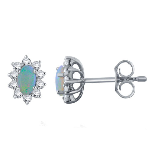 14k White Gold, Oval Opal & 0.3 Cttw Diamond Aura Halo Basket-Set Stud Earrings (H-I Color, I1-I2)