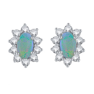14k White Gold, Oval Opal & 0.3 Cttw Diamond Aura Halo Basket-Set Stud Earrings (H-I Color, I1-I2)