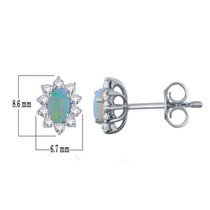 14k White Gold, Oval Opal & 0.3 Cttw Diamond Aura Halo Basket-Set Stud Earrings (H-I Color, I1-I2)