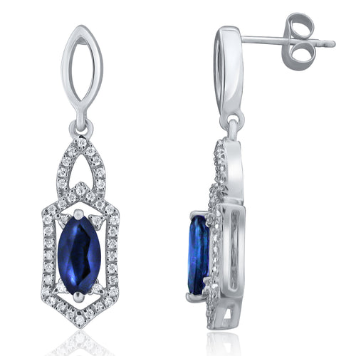 14k White Gold, Oval Sapphire & 1/4 Cttw Diamond-Accented Art Deco Inspired Drop Earrings (H-I Color, I1-I2)