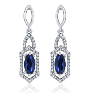 14k White Gold, Oval Sapphire & 1/4 Cttw Diamond-Accented Art Deco Inspired Drop Earrings (H-I Color, I1-I2)