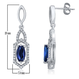 14k White Gold, Oval Sapphire & 1/4 Cttw Diamond-Accented Art Deco Inspired Drop Earrings (H-I Color, I1-I2)
