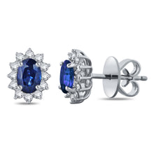 Load image into Gallery viewer, 14k White Gold, Oval Sapphire &amp; 3/8 Cttw Diamond Aura Halo Basket-Set Stud Earrings (H-I Color, I1-I2)