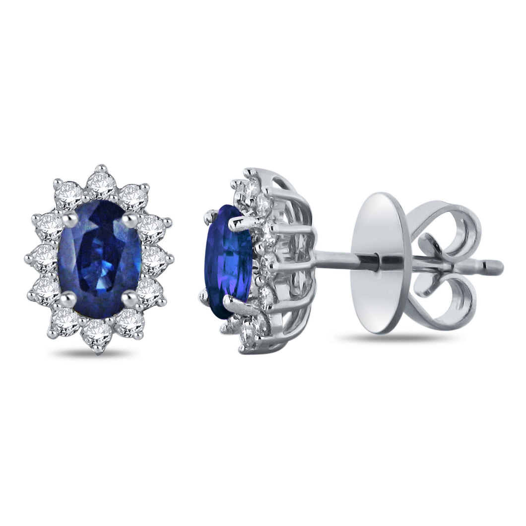 14k White Gold, Oval Sapphire & 3/8 Cttw Diamond Aura Halo Basket-Set Stud Earrings (H-I Color, I1-I2)