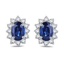 Load image into Gallery viewer, 14k White Gold, Oval Sapphire &amp; 3/8 Cttw Diamond Aura Halo Basket-Set Stud Earrings (H-I Color, I1-I2)