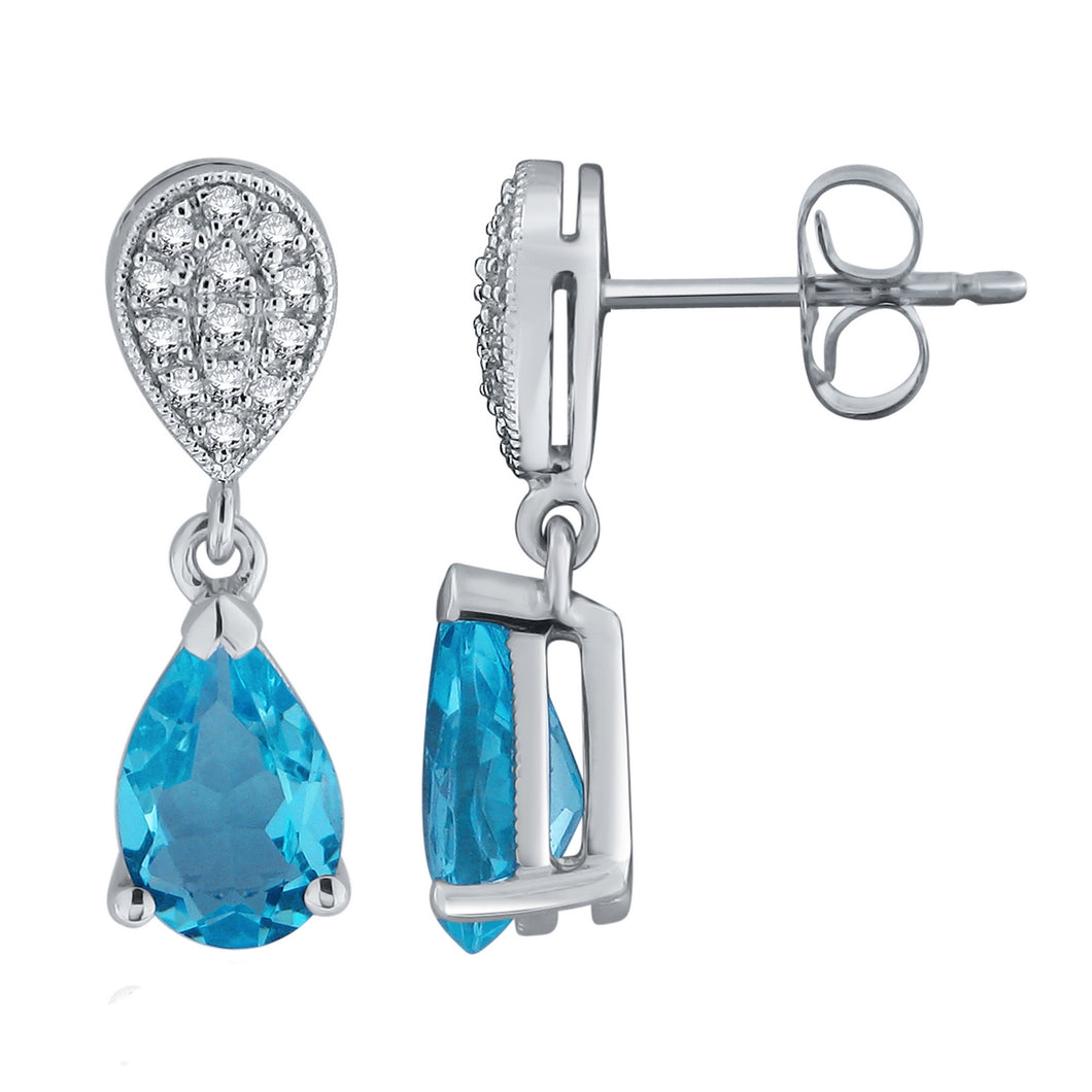 14k White Gold Pear-Shaped Swiss Blue Topaz & 1/10 Cttw Diamond Teardrop Dangle Earrings (H-I Color, I1-I2)