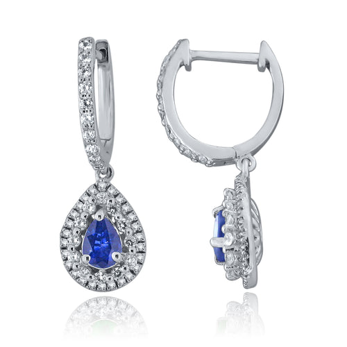 14k 1ct Natural Sapphire Teardrop .75ct Diamond Halo Earrings with dangle hoop design