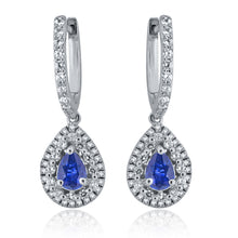 Load image into Gallery viewer, 14k 1ct Natural Sapphire Teardrop .75ct Diamond Halo Earrings with dangle hoop design