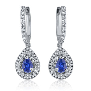 14k 1ct Natural Sapphire Teardrop .75ct Diamond Halo Earrings with dangle hoop design