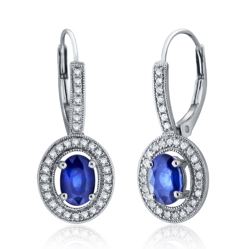 14k White Gold Oval Sapphire and Diamond Halo Vintage Statement Dangle Earrings