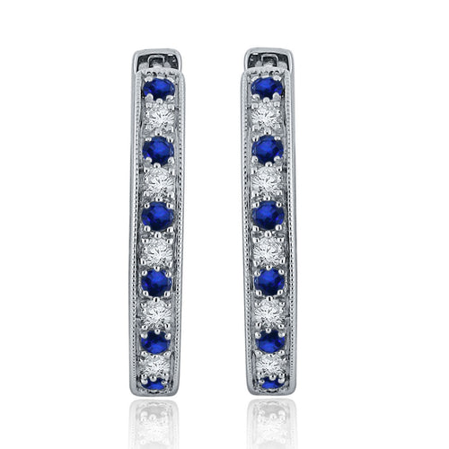 14k White Gold 0.4 Ct Sapphire and Diamond Hoop Earrings with Snap Back (0.22 cttw, H-I Color, I1-I2 Clarity)