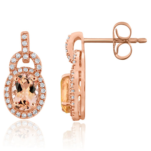 14k Rose Gold 1.6 Ct Morganite and Diamond Dangle Lock Style Earrings with Friction Back (0.25 cttw, H-I Color, I1-I2 Clarity)