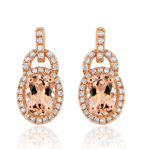 14k Rose Gold 1.6 Ct Morganite and Diamond Dangle Lock Style Earrings with Friction Back (0.25 cttw, H-I Color, I1-I2 Clarity)