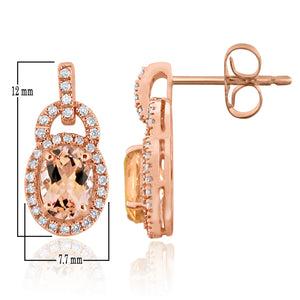 14k Rose Gold 1.6 Ct Morganite and Diamond Dangle Lock Style Earrings with Friction Back (0.25 cttw, H-I Color, I1-I2 Clarity)