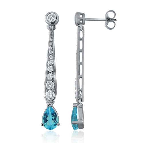 14k White Gold 1.6 Ct Blue Topaz and Diamond Dangle Earrings with Friction Back (1.00 cttw, H-I Color, I1-I2 Clarity)