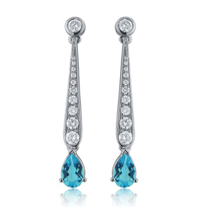 14k White Gold 1.6 Ct Blue Topaz and Diamond Dangle Earrings with Friction Back (1.00 cttw, H-I Color, I1-I2 Clarity)