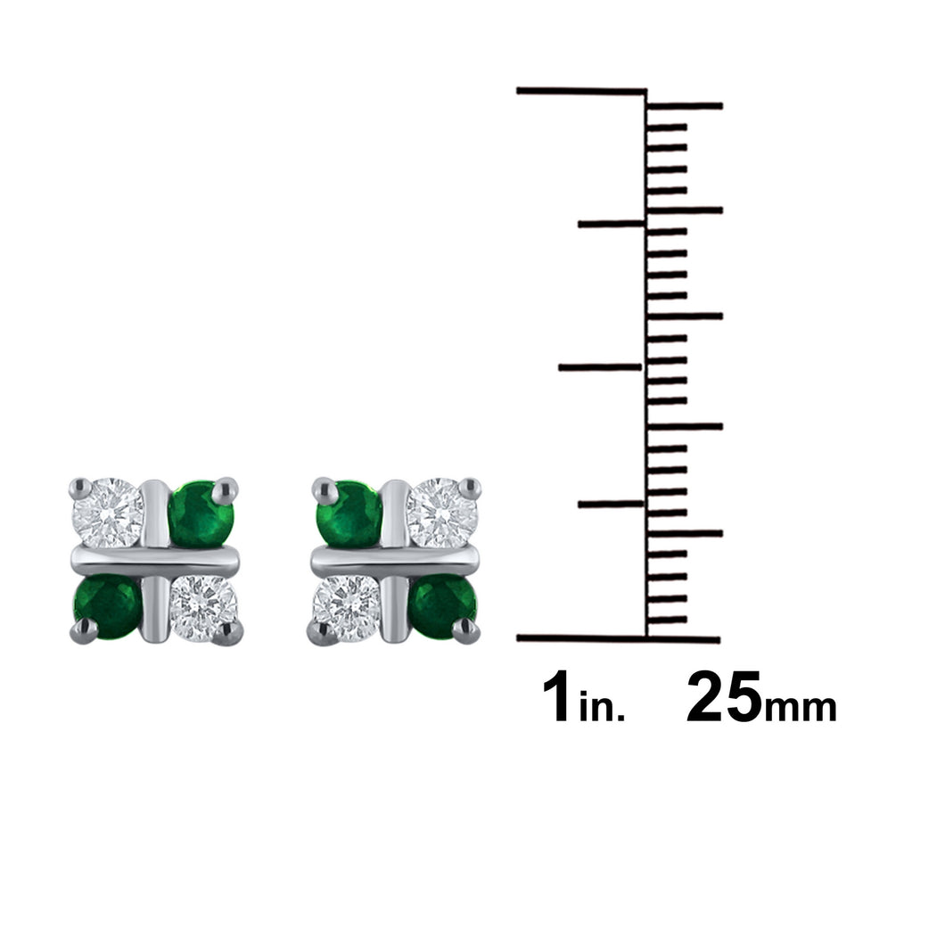 14k White Gold, Emerald or Ruby Gemstone & 1/3 cttw Diamond Four-Square Cross Stud Earrings (H-I Color, I1-I2), Multiple Gemstone Options