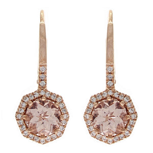14k Rose Gold, Morganite & 0.18 Cttw Diamond Octagonal Drop Earrings, 7/8" (H-I Color, I1-I2 Clarity)