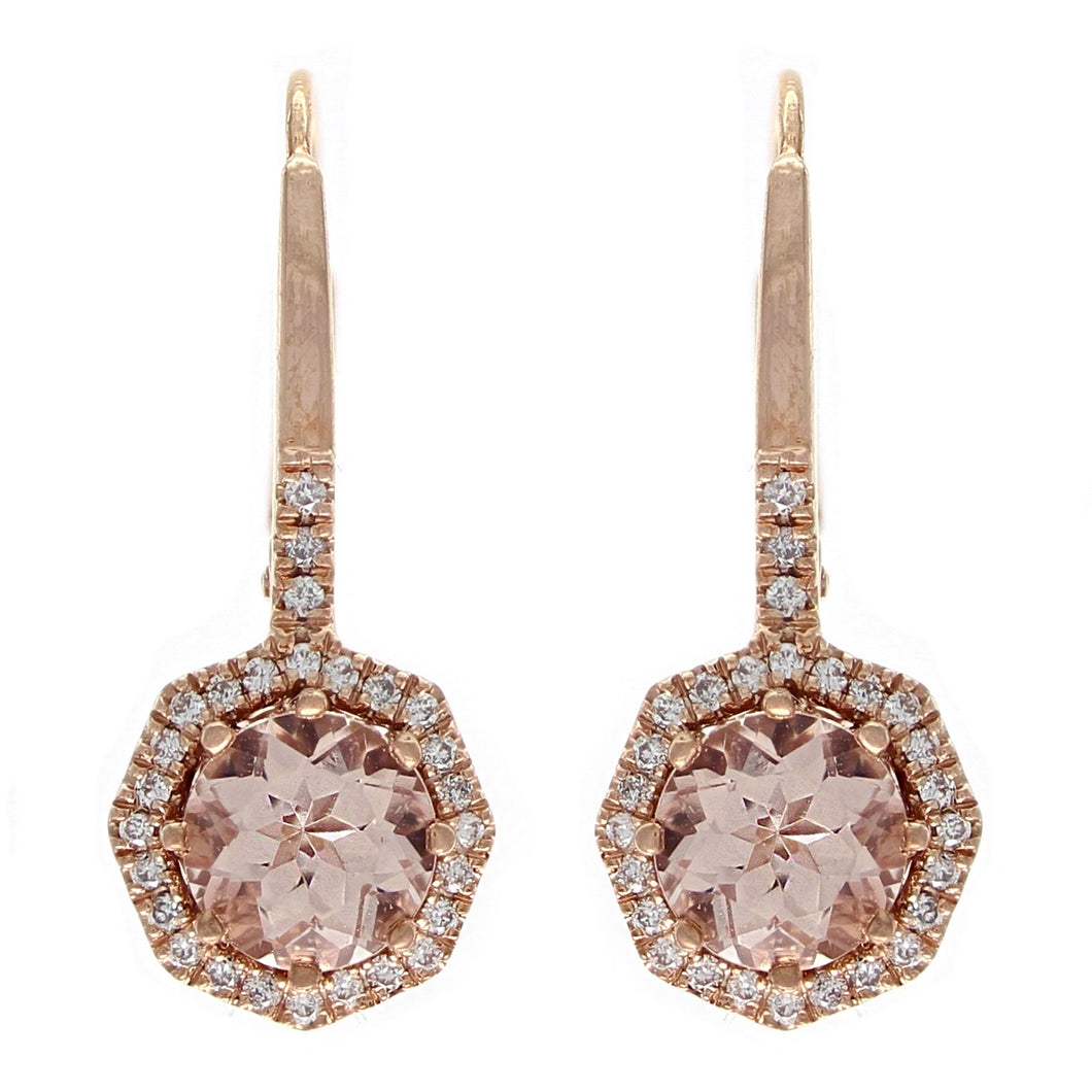 14k Rose Gold, Morganite & 0.18 Cttw Diamond Octagonal Drop Earrings, 7/8