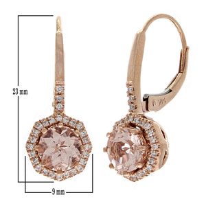 14k Rose Gold, Morganite & 0.18 Cttw Diamond Octagonal Drop Earrings, 7/8" (H-I Color, I1-I2 Clarity)