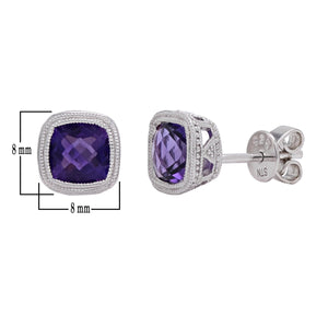 Sterling Silver & Amethyst, Garnet or Blue Topaz Petite Double Milgrain Checkerboard-Cushion-Cut Halo Stud Earrings