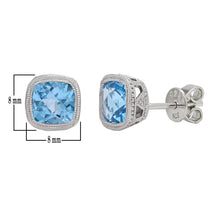 Load image into Gallery viewer, Sterling Silver &amp; Amethyst, Garnet or Blue Topaz Petite Double Milgrain Checkerboard-Cushion-Cut Halo Stud Earrings