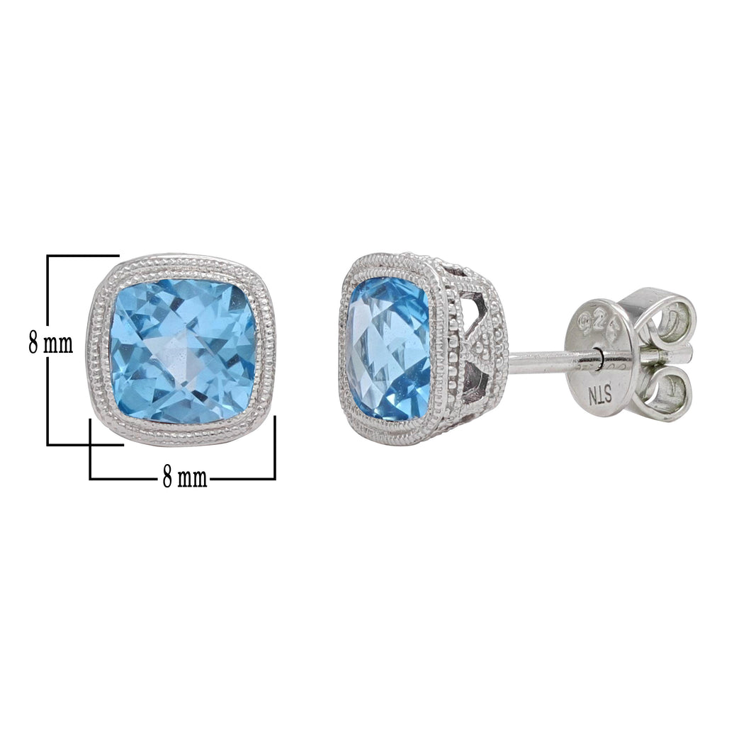 Sterling Silver & Amethyst, Garnet or Blue Topaz Petite Double Milgrain Checkerboard-Cushion-Cut Halo Stud Earrings